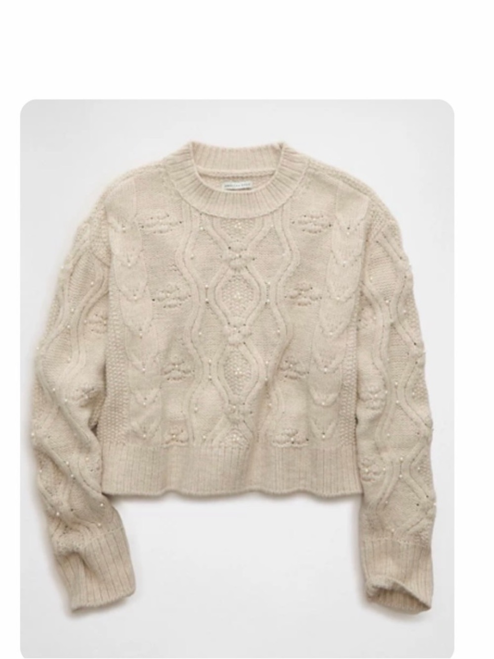American Eagle Cream Cable Knit Crewneck Sweater with pearl accents